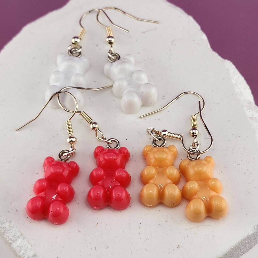 Gummy Bear Dangle Earrings Set 3 Pairs Red Orange White Cute Y2K Style